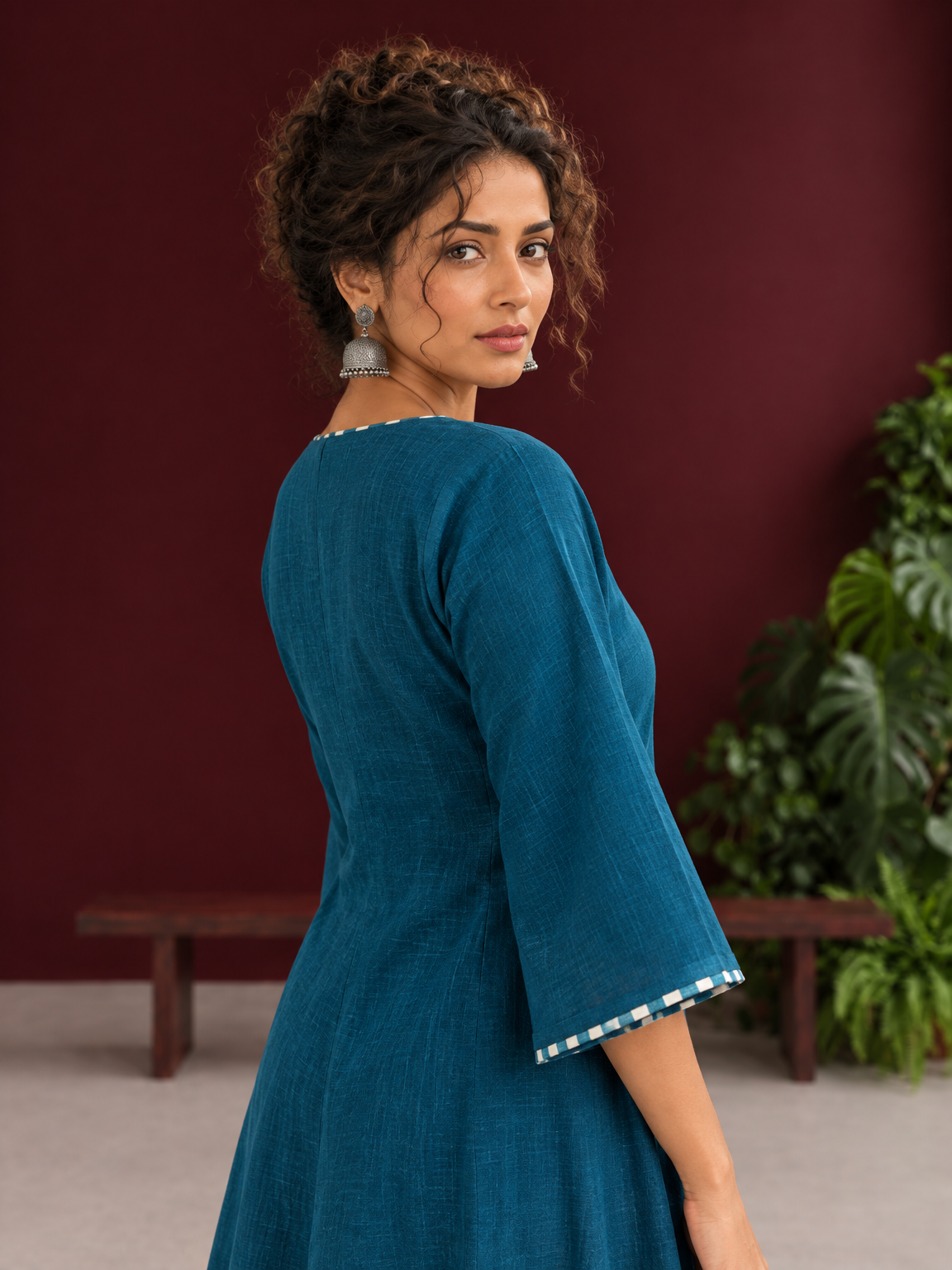 Teal Blue Cotton Dress with Abstract Print Hem Panel and Sleeve Cuffs — fabric detail — view 5