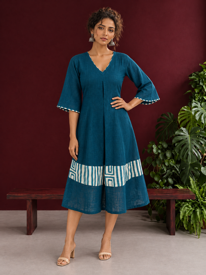 Teal Blue Cotton Dress with Abstract Print Hem Panel and Sleeve Cuffs — front view