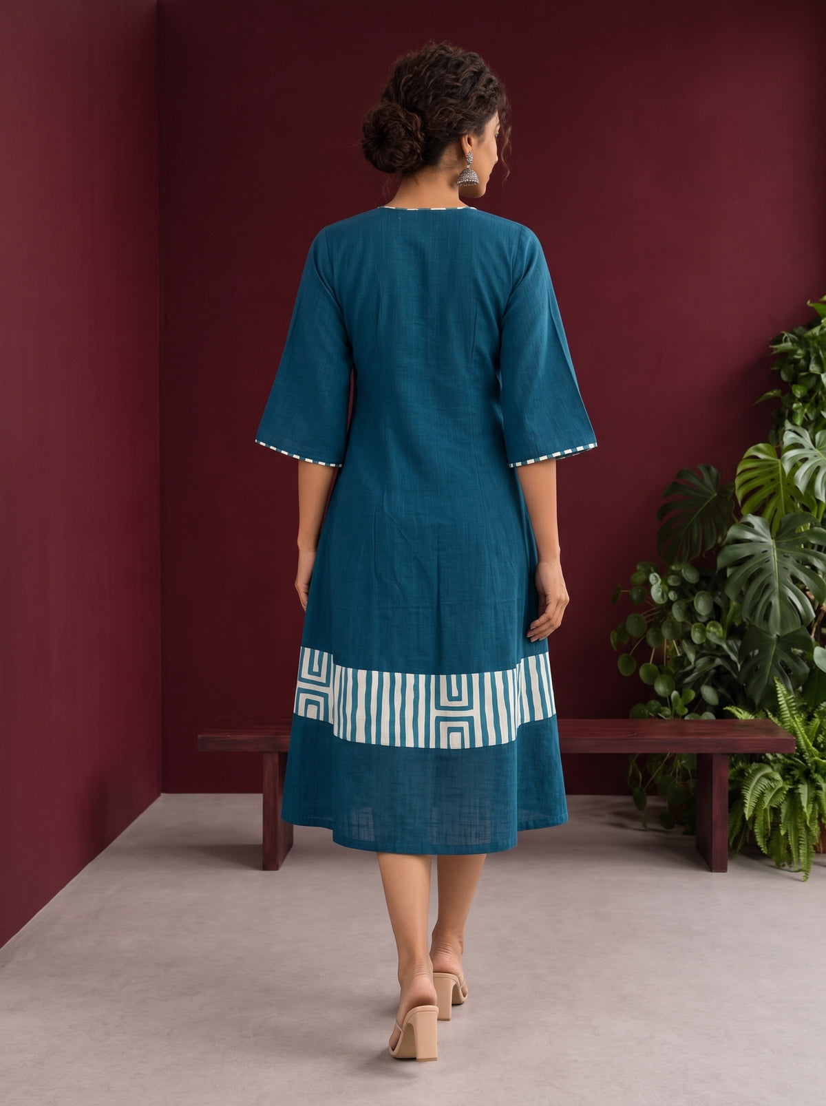 Teal Blue Cotton Dress with Abstract Print Hem Panel and Sleeve Cuffs — back view — view 6