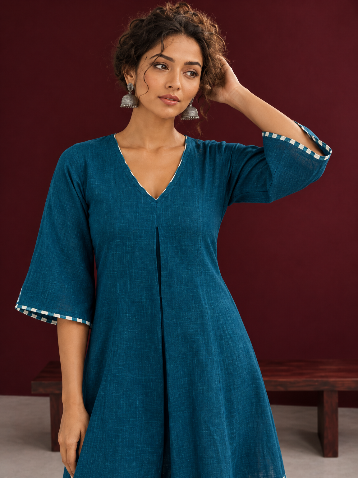 Teal Blue Cotton Dress with Abstract Print Hem Panel and Sleeve Cuffs — styled view — view 3