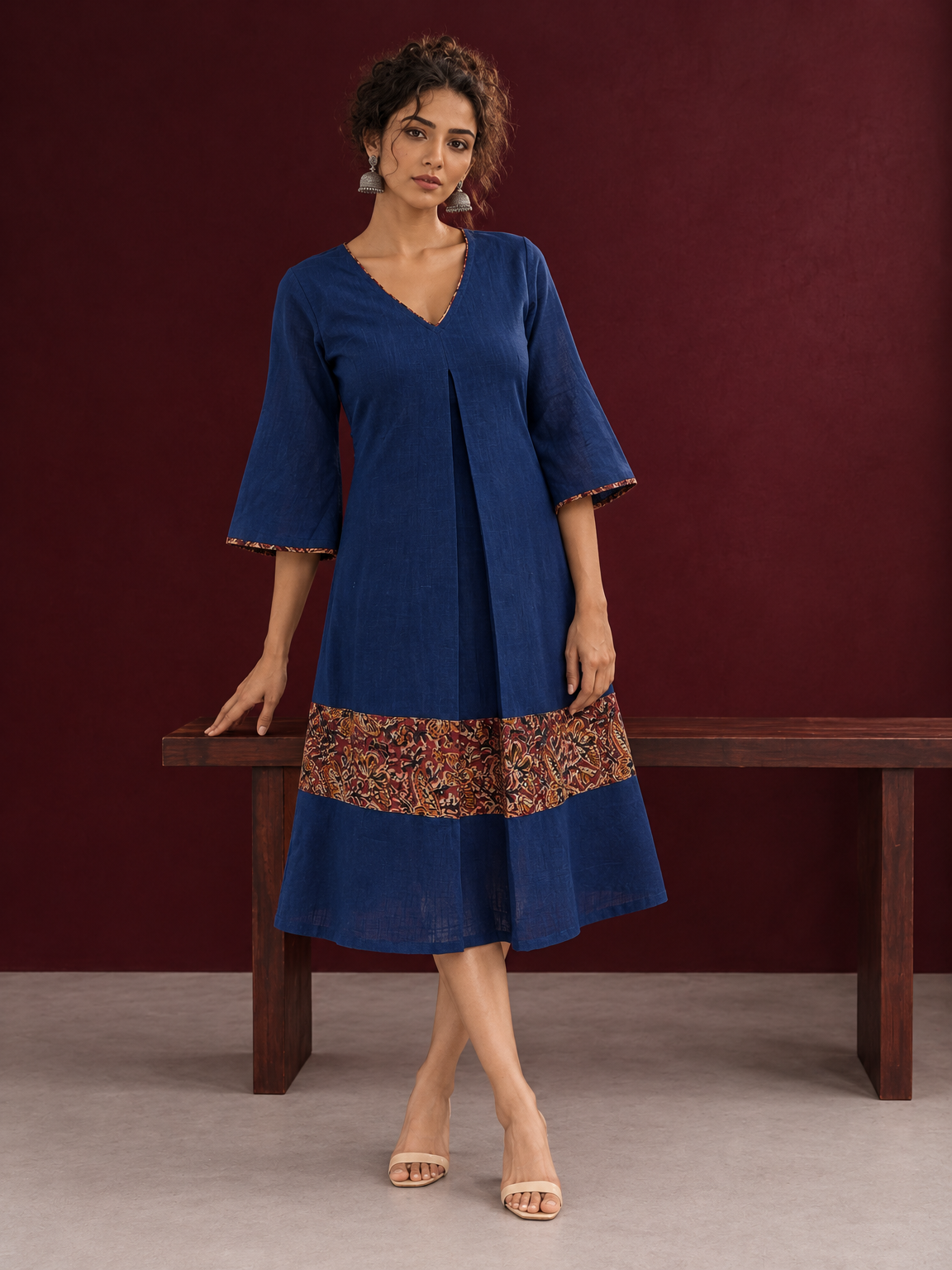 Timeless Navy Blue Cotton Dress with Kalamkari Print Hem Border & Contrast Neckline and Cuff Trim — front view — view 2
