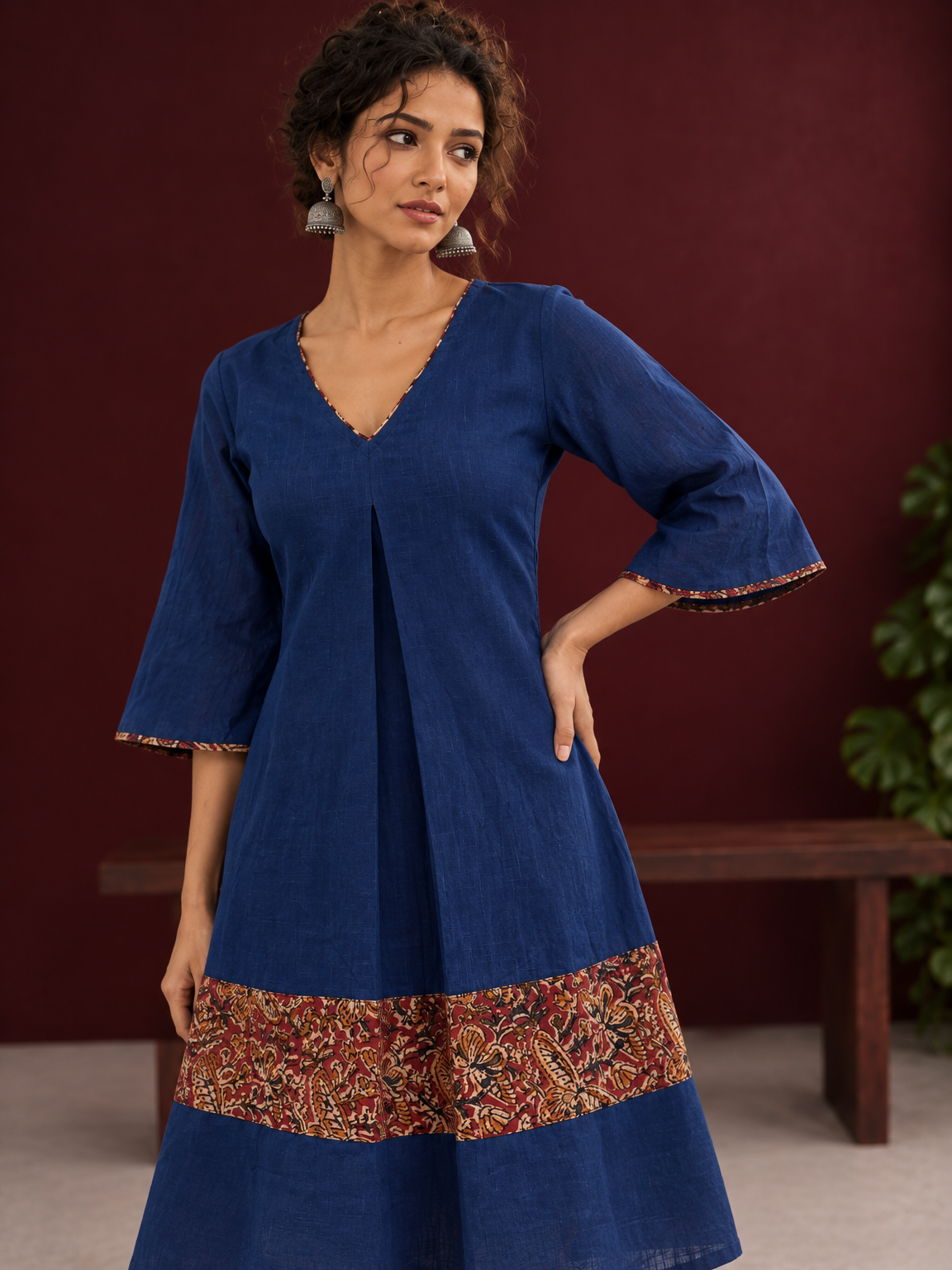 Timeless Navy Blue Cotton Dress with Kalamkari Print Hem Border & Contrast Neckline and Cuff Trim — fabric detail — view 3
