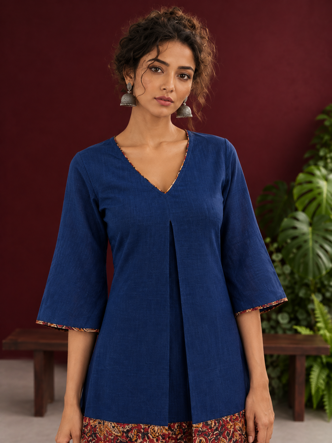 Timeless Navy Blue Cotton Dress with Kalamkari Print Hem Border & Contrast Neckline and Cuff Trim — styled view — view 4