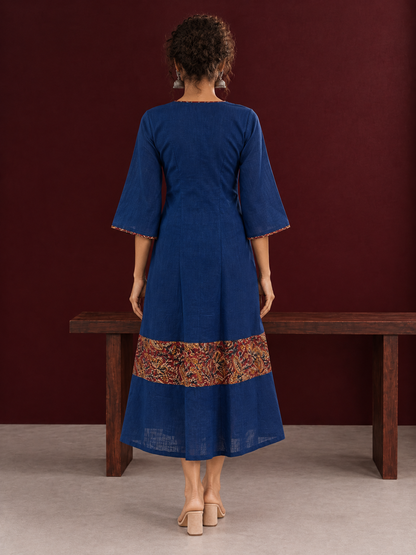 Timeless Navy Blue Cotton Dress with Kalamkari Print Hem Border & Contrast Neckline and Cuff Trim — back view