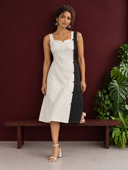 Elegant Off-White Cotton A-Line Dress with Contrast Black Pinstripe Side Panel & Button Detailing — side view