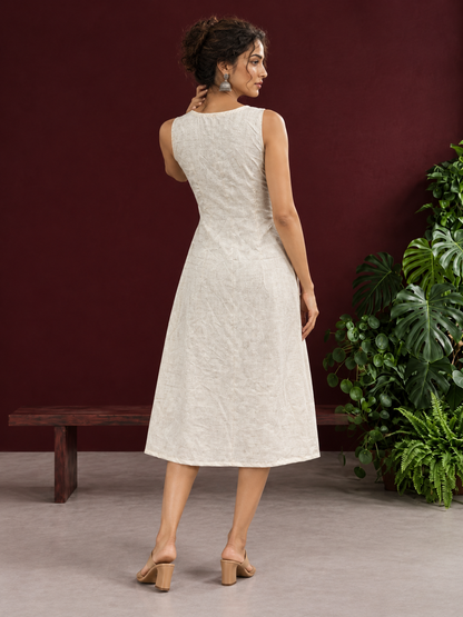 Elegant Off-White Cotton A-Line Dress with Contrast Black Pinstripe Side Panel & Button Detailing — back view