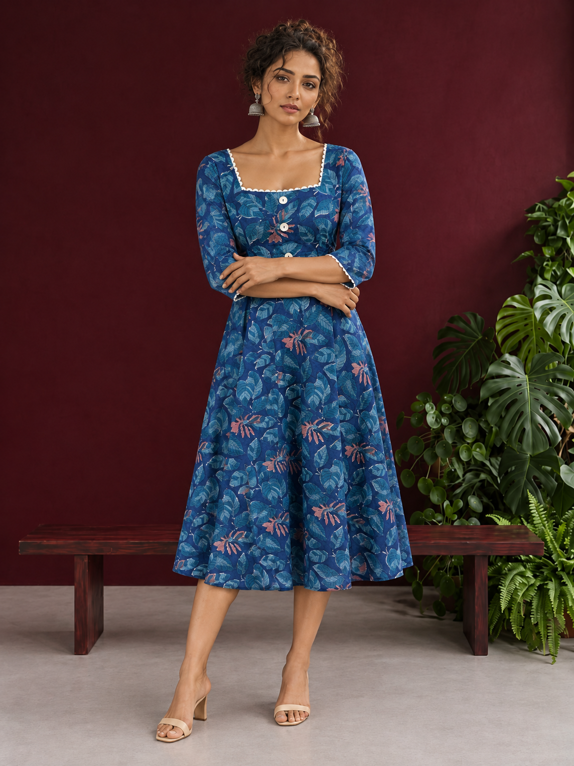 Classic Blue Cotton One Piece Dress with Printed Leaf Motifs & Lace Trim Square Neck — front view