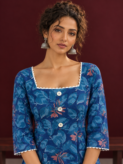 Classic Blue Cotton One Piece Dress with Printed Leaf Motifs & Lace Trim Square Neck — fabric detail