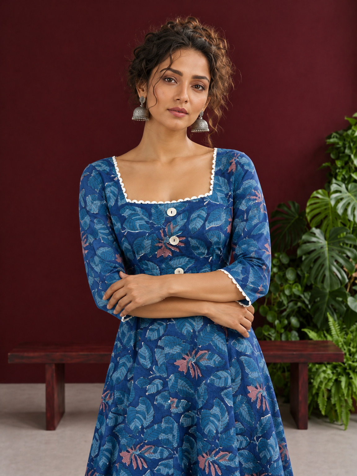 Classic Blue Cotton One Piece Dress with Printed Leaf Motifs & Lace Trim Square Neck — styled view — view 4