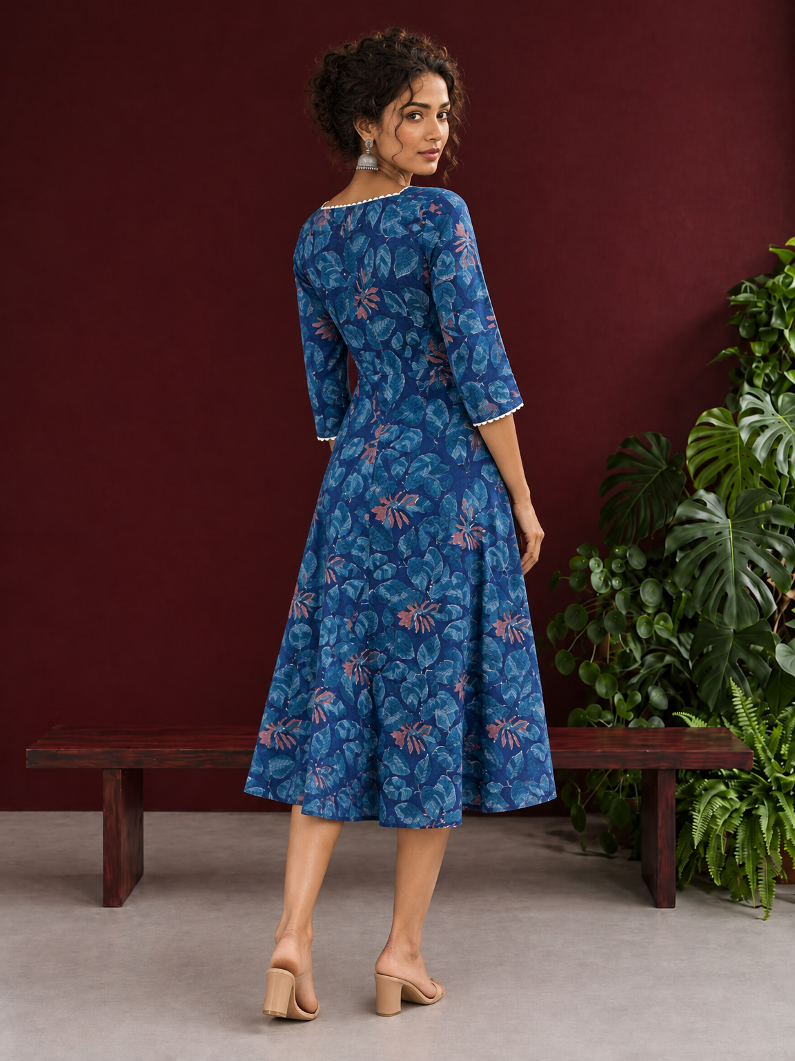 Classic Blue Cotton One Piece Dress with Printed Leaf Motifs & Lace Trim Square Neck — back view — view 6