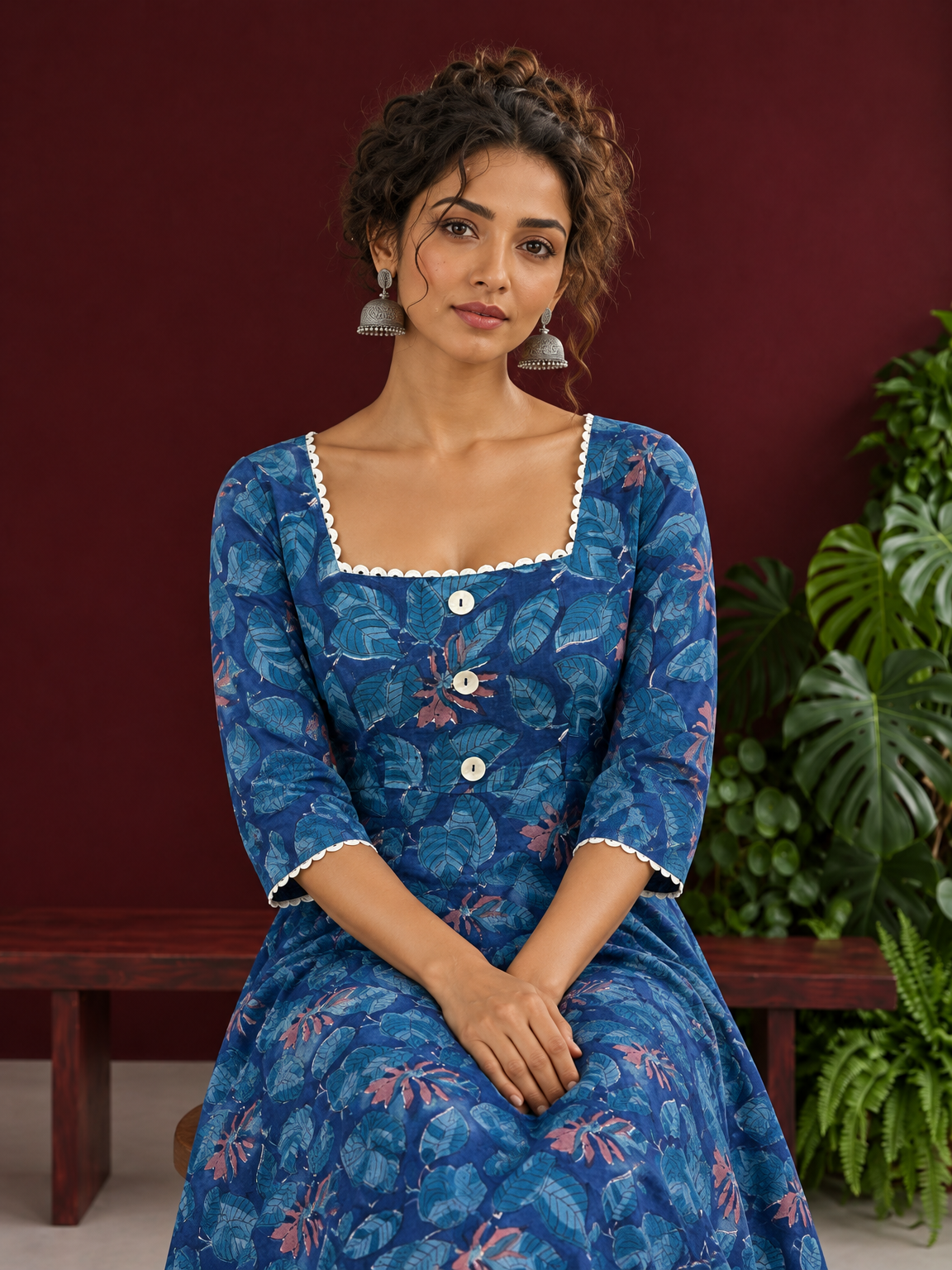 Classic Blue Cotton One Piece Dress with Printed Leaf Motifs & Lace Trim Square Neck — seated detail — view 5