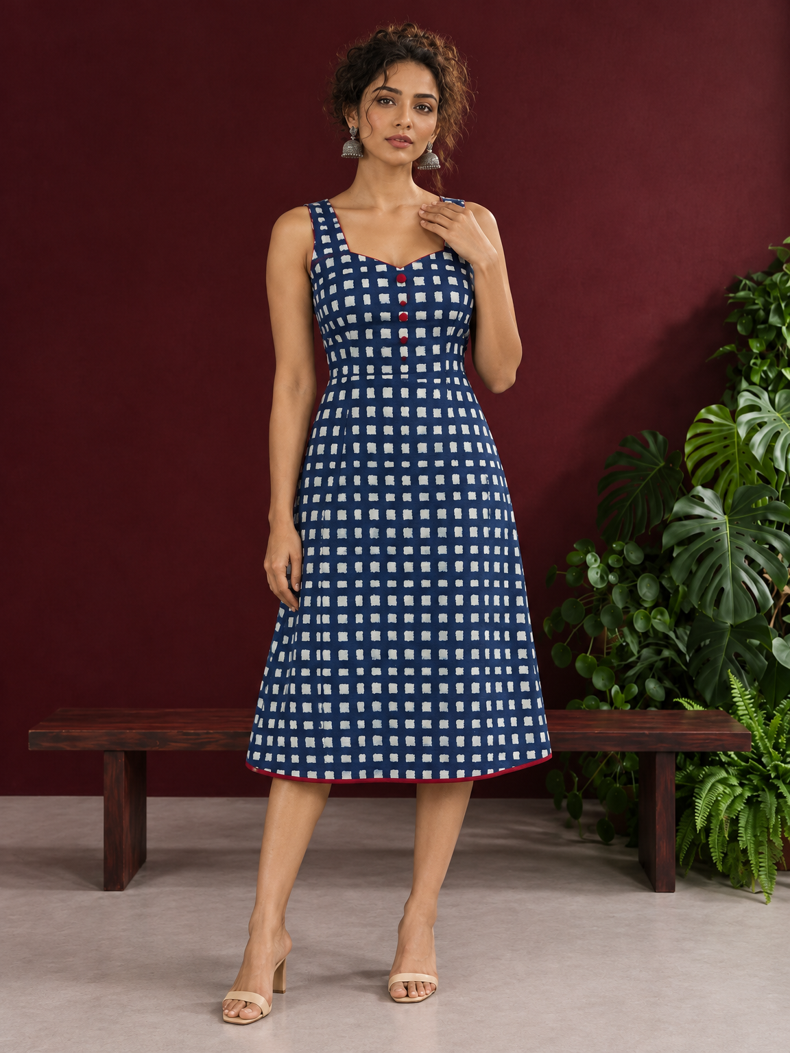 Indigo Blue Cotton One Piece Dress with Contrast Maroon Piping & Button Detail