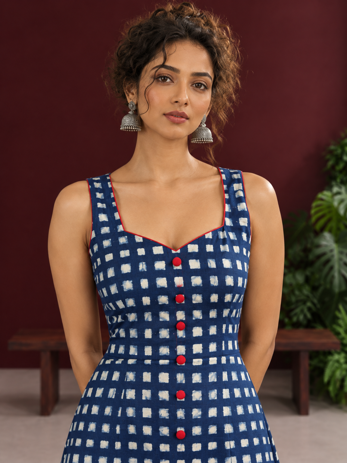Indigo Blue Cotton One Piece Dress with Contrast Maroon Piping & Button Detail — fabric detail — view 3