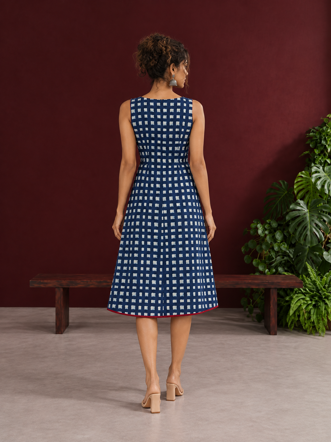 Indigo Blue Cotton One Piece Dress with Contrast Maroon Piping & Button Detail — back view — view 6