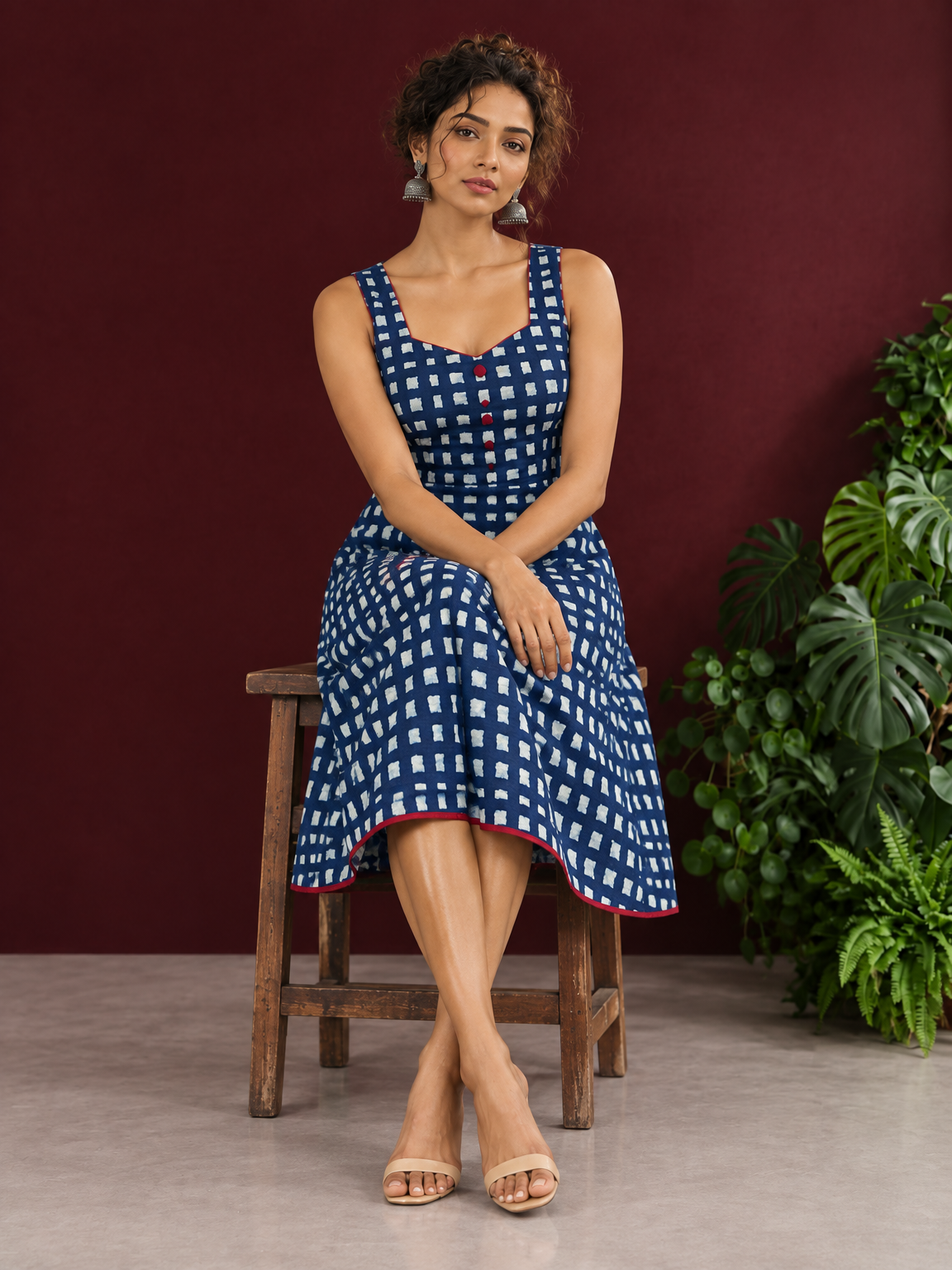 Indigo Blue Cotton One Piece Dress with Contrast Maroon Piping & Button Detail — seated — view 2
