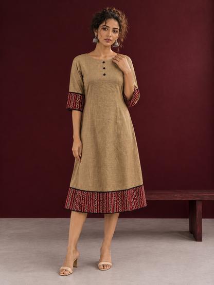 Timeless Beige Cotton A-Line Dress with Maroon Zigzag Print Sleeve Cuffs & Hem Border — front view