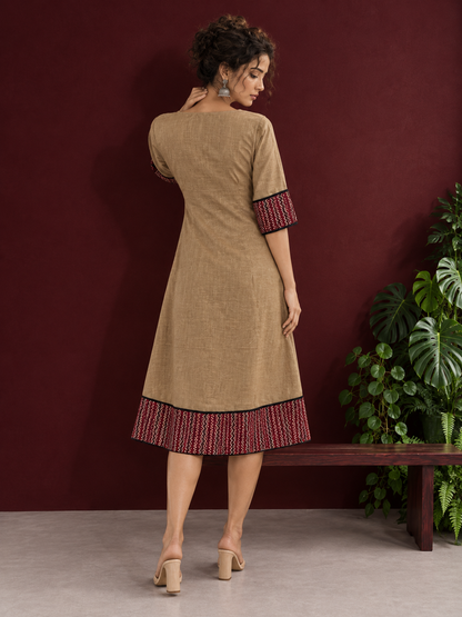Timeless Beige Cotton A-Line Dress with Maroon Zigzag Print Sleeve Cuffs & Hem Border — back view