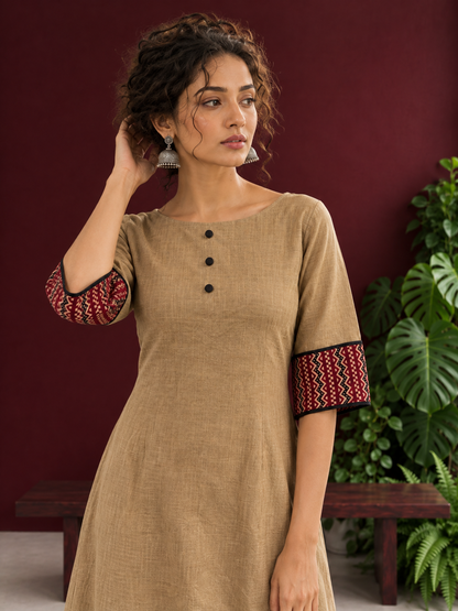 Timeless Beige Cotton A-Line Dress with Maroon Zigzag Print Sleeve Cuffs & Hem Border — styled view