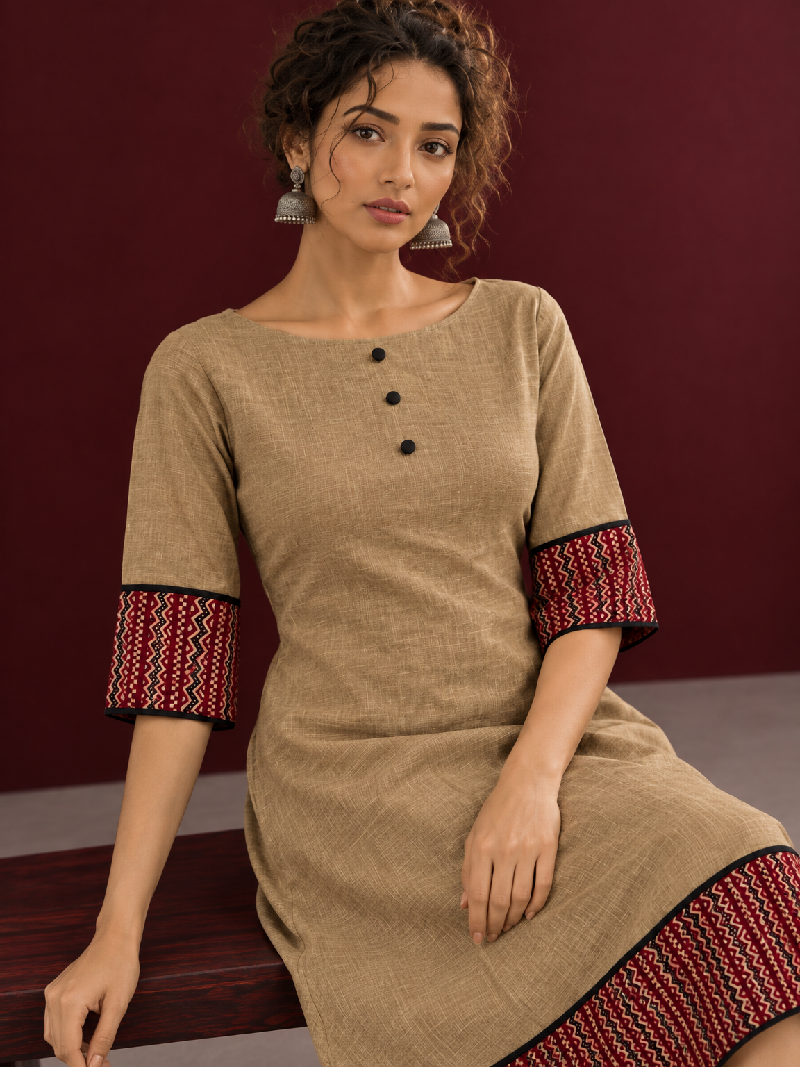 Timeless Beige Cotton A-Line Dress with Maroon Zigzag Print Sleeve Cuffs & Hem Border — seated detail — view 5