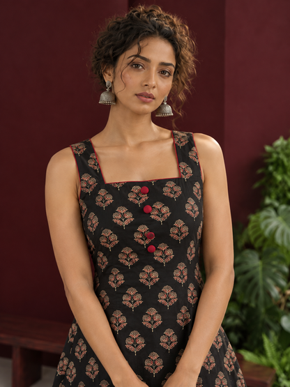 Classic Black Ajrakh Cotton Sleeveless Dress with Floral Print and Maroon Piping Square Neckline — fabric detail