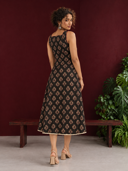 Classic Black Ajrakh Cotton Sleeveless Dress with Floral Print and Maroon Piping Square Neckline — back view