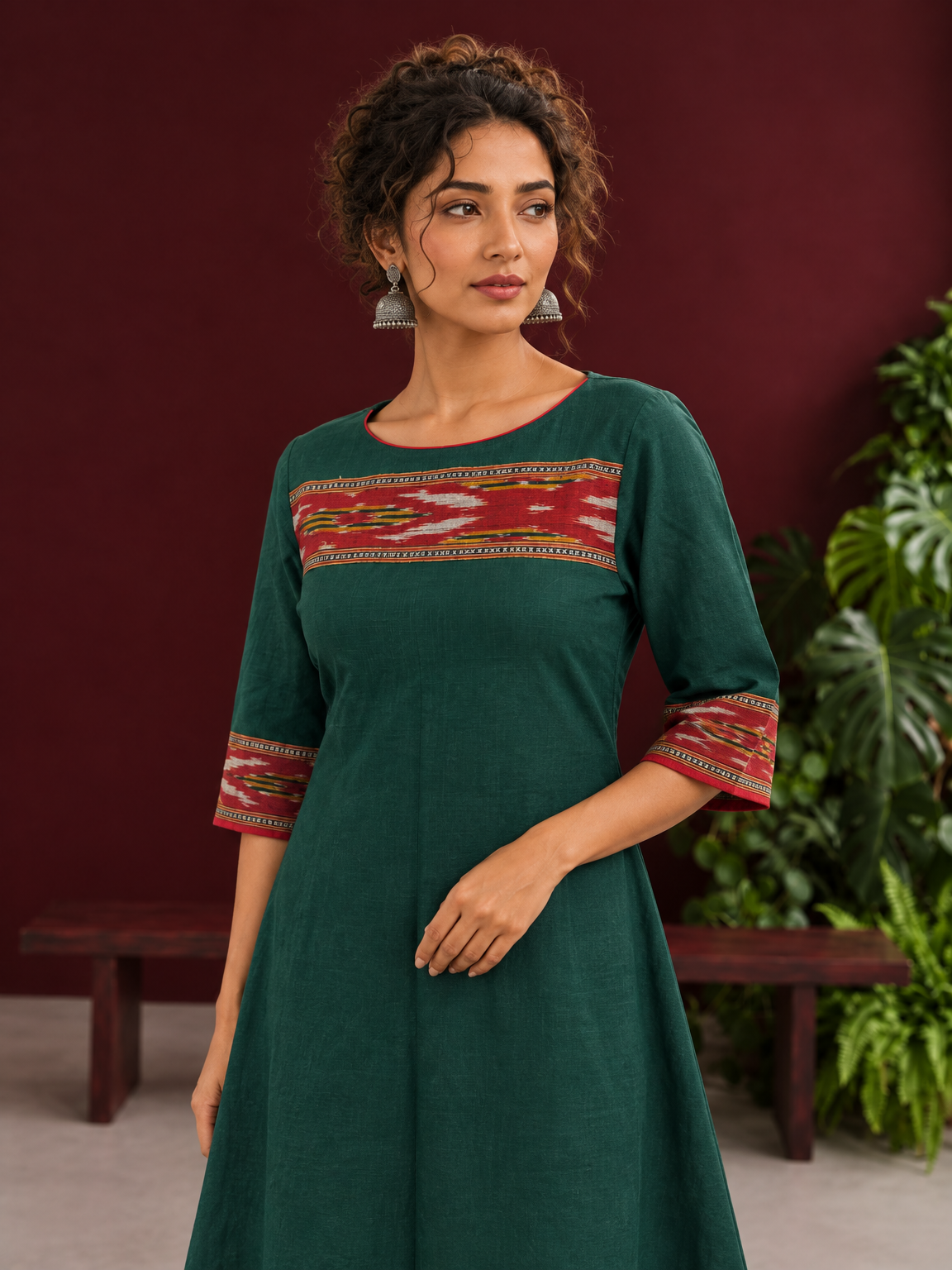Elegant Bottle Green Cotton Dress with Contrast Maroon Ikat Yoke and Sleeve Border — fabric detail — view 3
