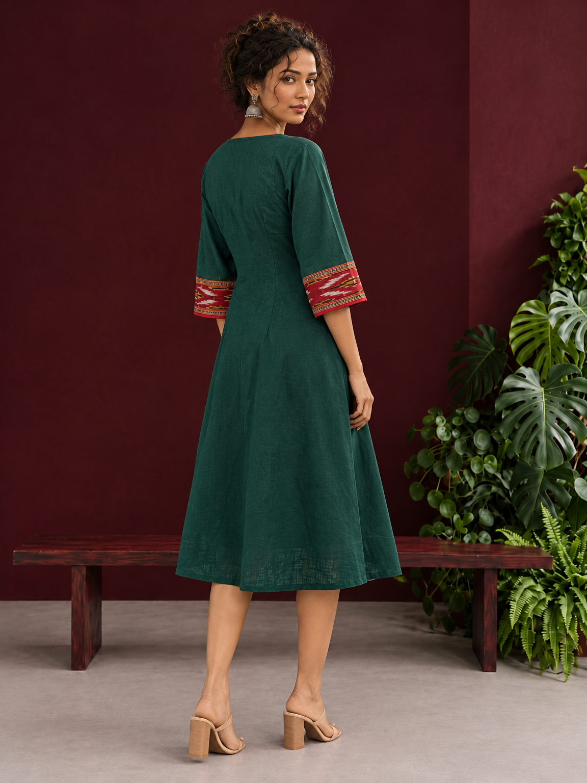 Elegant Bottle Green Cotton Dress with Contrast Maroon Ikat Yoke and Sleeve Border — back view — view 6