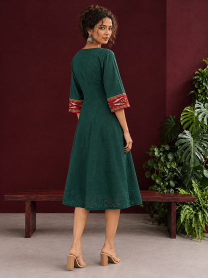 Elegant Bottle Green Cotton Dress with Contrast Maroon Ikat Yoke and Sleeve Border — back view