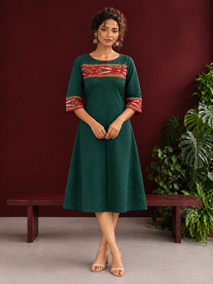 Elegant Bottle Green Cotton Dress with Contrast Maroon Ikat Yoke and Sleeve Border — front view