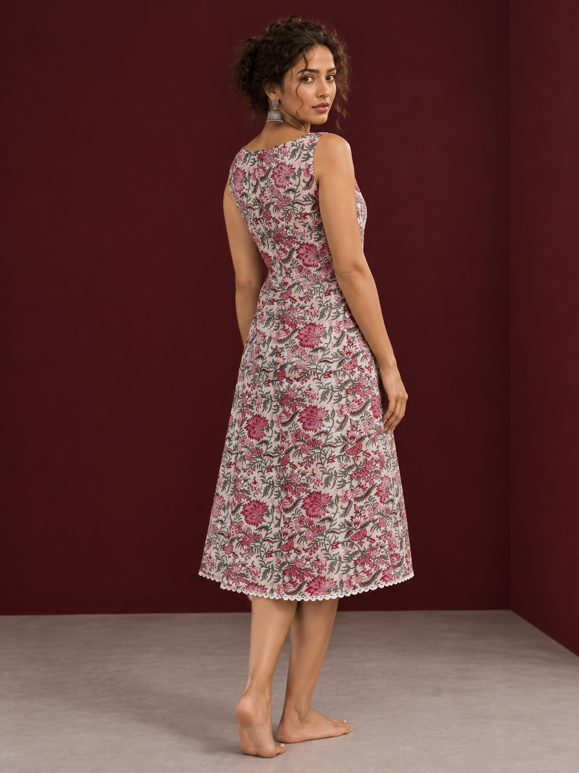 Elegant White Cotton Floral Print A-Line Dress with Maroon Piping and Button Detailing — back view — view 6