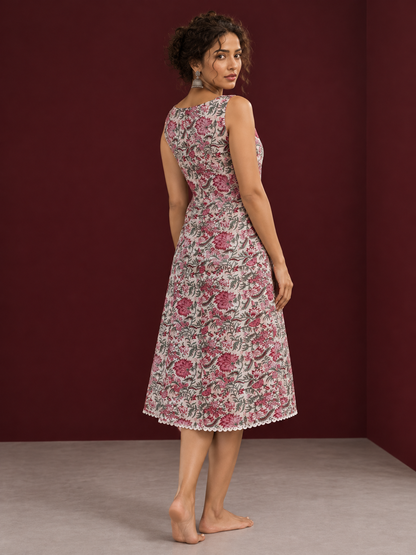 Elegant White Cotton Floral Print A-Line Dress with Maroon Piping and Button Detailing — back view