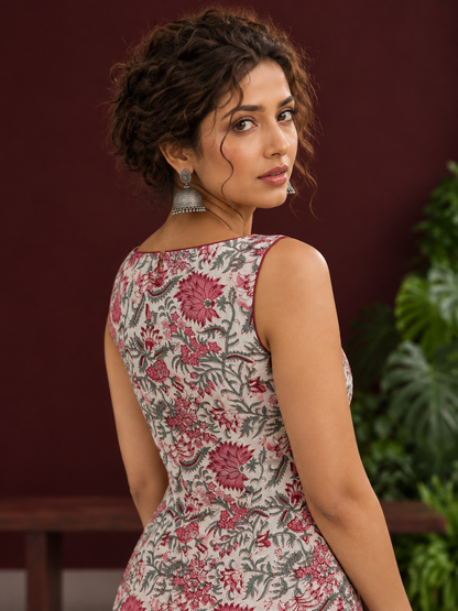 Elegant White Cotton Floral Print A-Line Dress with Maroon Piping and Button Detailing — fabric detail