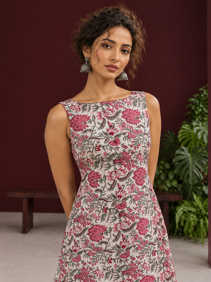 Elegant White Cotton Floral Print A-Line Dress with Maroon Piping and Button Detailing — styled view