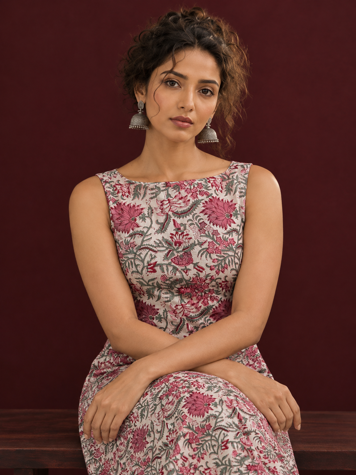 Elegant White Cotton Floral Print A-Line Dress with Maroon Piping and Button Detailing — seated detail — view 5