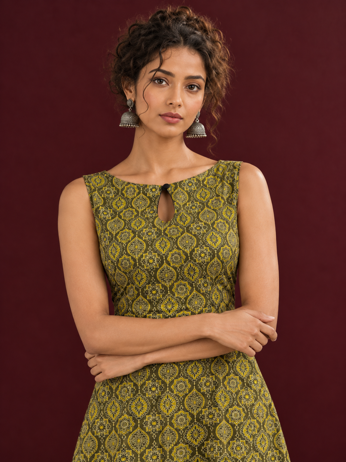 Olive Green Cotton A-Line Dress with Mustard Yellow Ajrakh Print and Keyhole Neckline — styled view — view 4