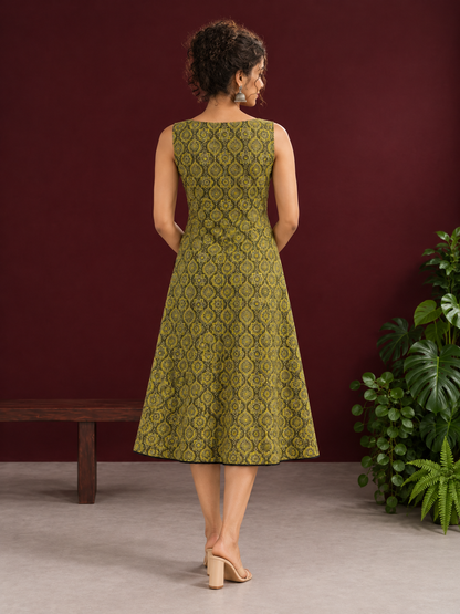 Olive Green Cotton A-Line Dress with Mustard Yellow Ajrakh Print and Keyhole Neckline — back view