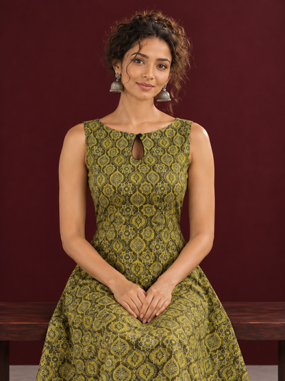 Olive Green Cotton A-Line Dress with Mustard Yellow Ajrakh Print and Keyhole Neckline — seated detail