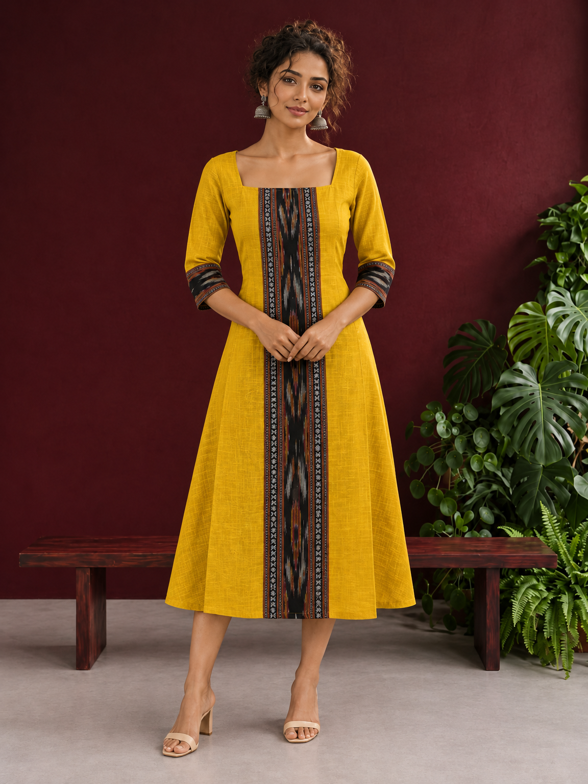 Vibrant Mustard Cotton A-line Dress with Contrast Ikat Front Panel & Coordinated Sleeve Cuffs — front view