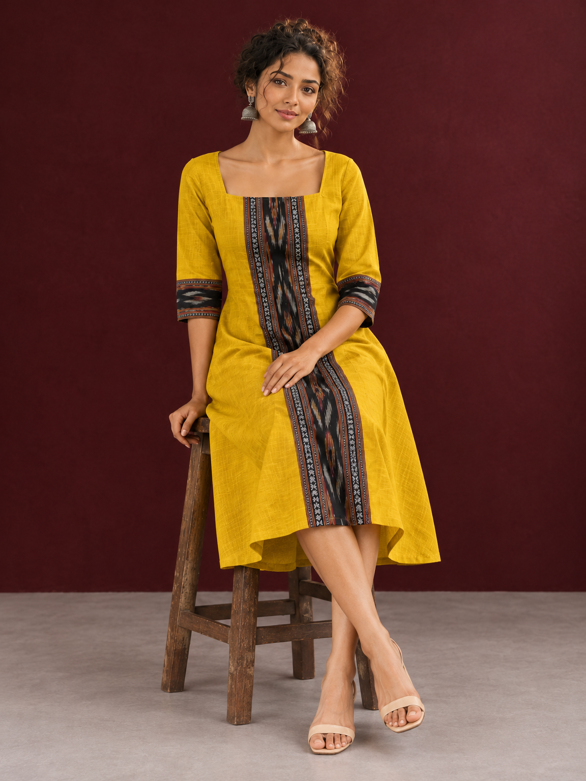 Vibrant Mustard Cotton A-line Dress with Contrast Ikat Front Panel & Coordinated Sleeve Cuffs — seated — view 2