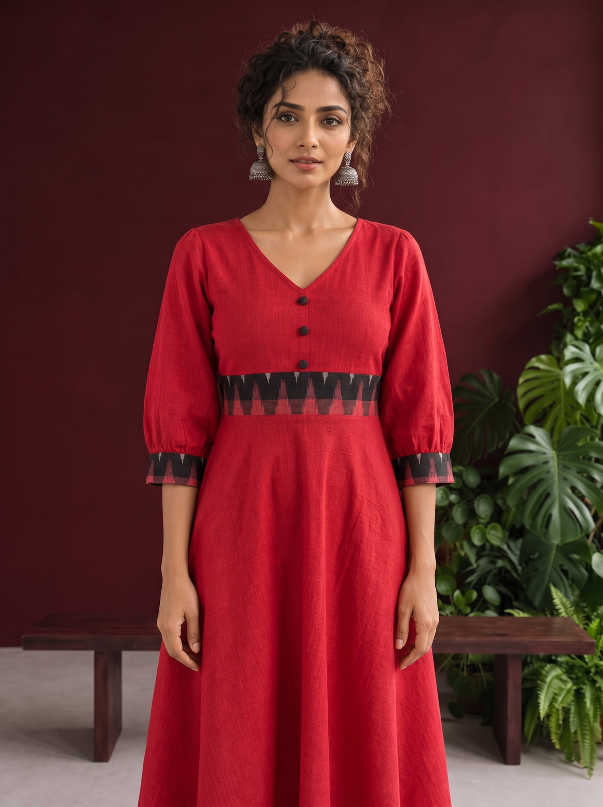 Vibrant Red Cotton Fit & Flare Dress with Contrast Black Ikat Waistband & Matching Cuffs — styled view — view 3