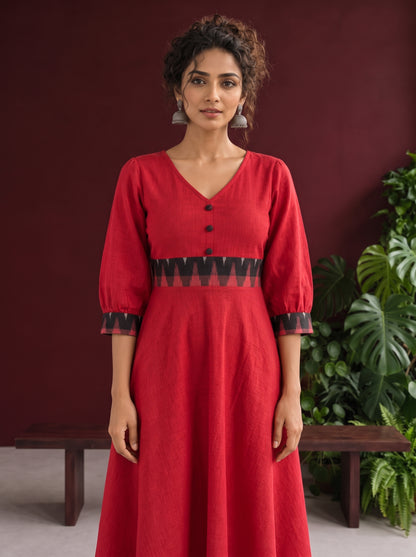 Vibrant Red Cotton Fit & Flare Dress with Contrast Black Ikat Waistband & Matching Cuffs — styled view