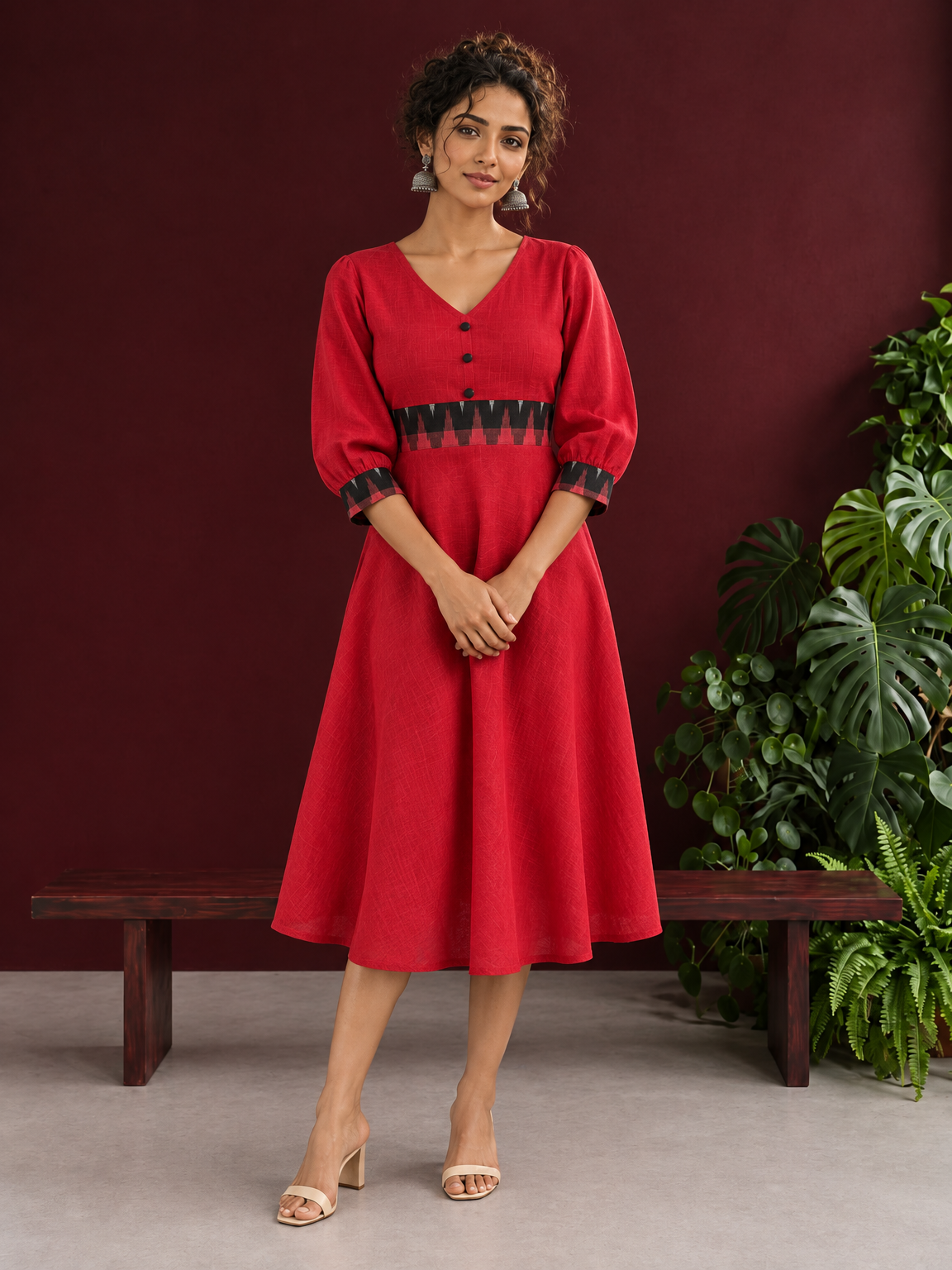 Vibrant Red Cotton Fit & Flare Dress with Contrast Black Ikat Waistband & Matching Cuffs — front view — view 2