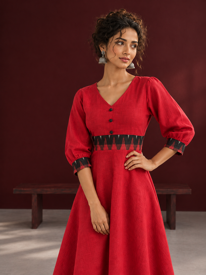 Vibrant Red Cotton Fit & Flare Dress with Contrast Black Ikat Waistband & Matching Cuffs — fabric detail