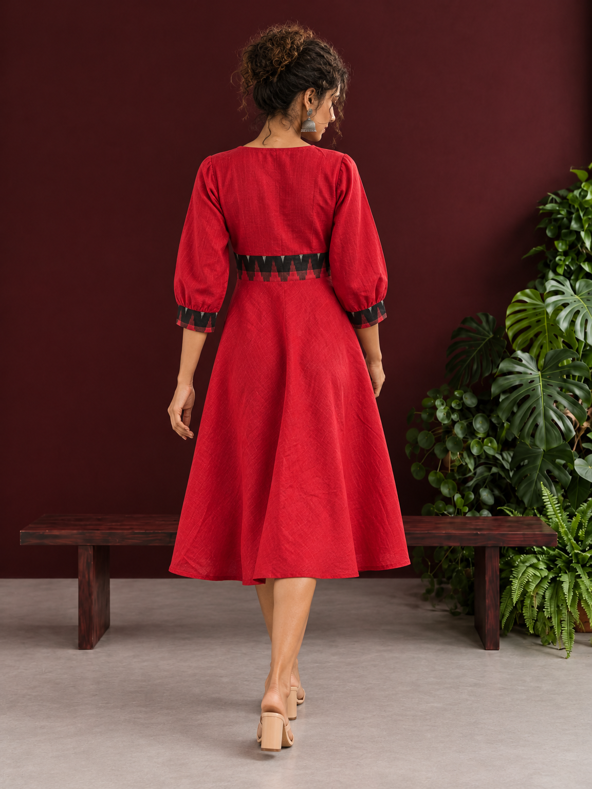 Vibrant Red Cotton Fit & Flare Dress with Contrast Black Ikat Waistband & Matching Cuffs — back view — view 6