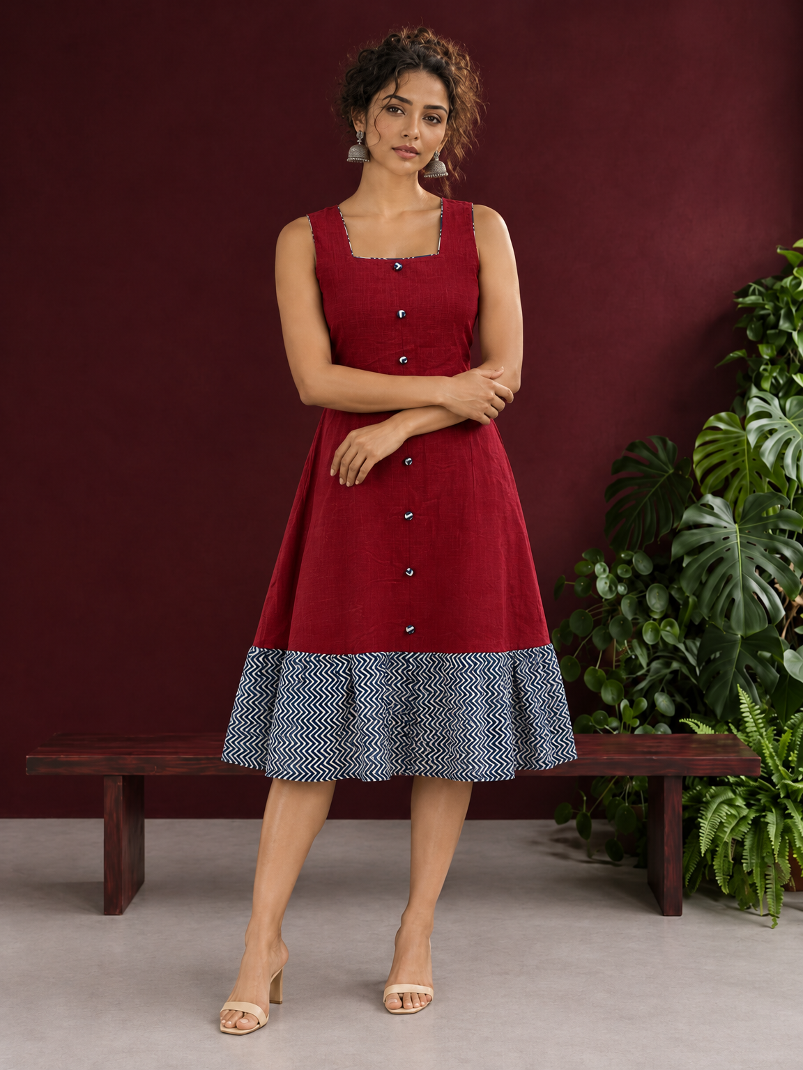 Maroon Cotton Sleeveless Dress with Contrast Chevron Print Indigo Hem Panel and Square Neckline — front view