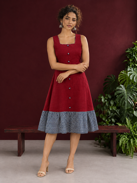 Maroon Cotton Sleeveless Dress with Contrast Chevron Print Indigo Hem Panel and Square Neckline — front view