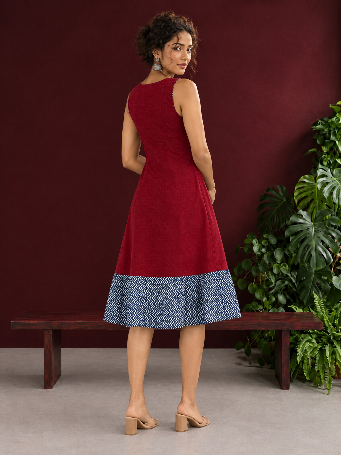 Maroon Cotton Sleeveless Dress with Contrast Chevron Print Indigo Hem Panel and Square Neckline — back view — view 5