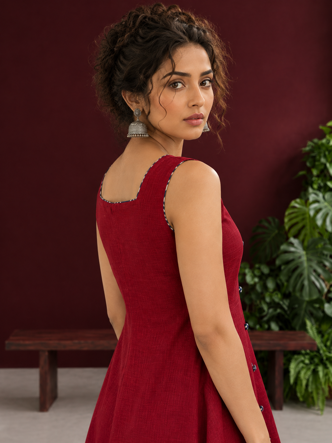 Maroon Cotton Sleeveless Dress with Contrast Chevron Print Indigo Hem Panel and Square Neckline — fabric detail — view 6