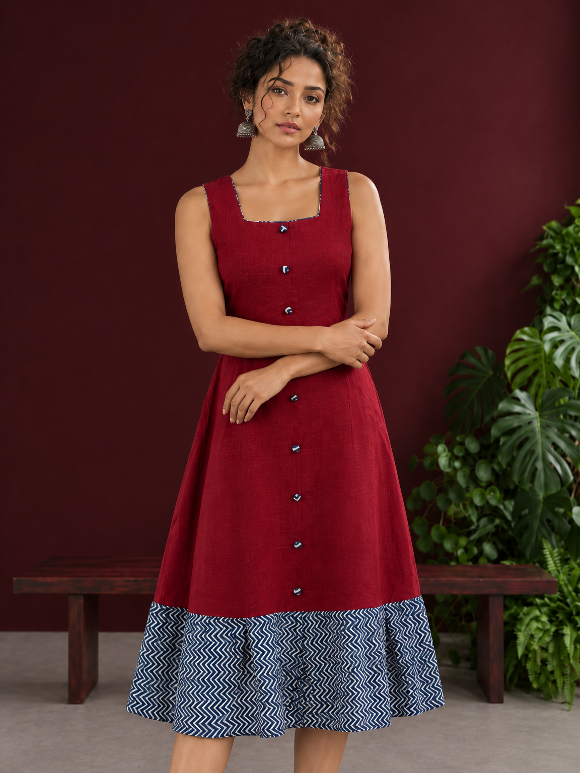 Maroon Cotton Sleeveless Dress with Contrast Chevron Print Indigo Hem Panel and Square Neckline — styled view — view 3