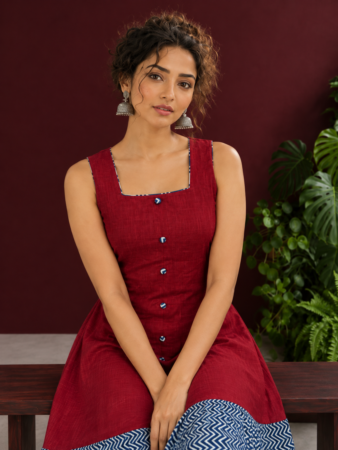 Maroon Cotton Sleeveless Dress with Contrast Chevron Print Indigo Hem Panel and Square Neckline — seated detail — view 4